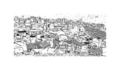 Building view with landmark of Lourdes is a town in southwestern France. Hand drawn sketch illustration in vector.