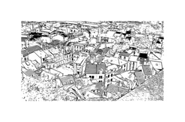 Building view with landmark of Lourdes is a town in southwestern France. Hand drawn sketch illustration in vector.