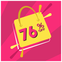 76 percent discount. Pink banner with floating bag for promotions and offers