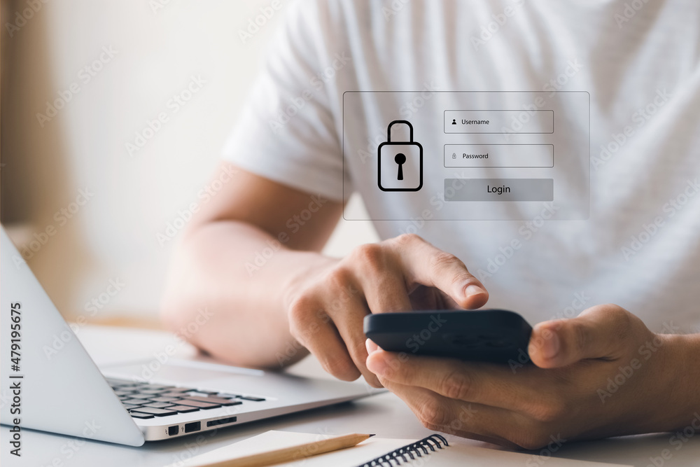 Poster concept internet security and cyber network. businessman's hand works with a key icon virtual screen