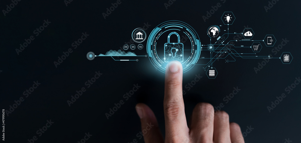 Poster concept of cyber security digital technology, business people use fingerprints to access personal cy