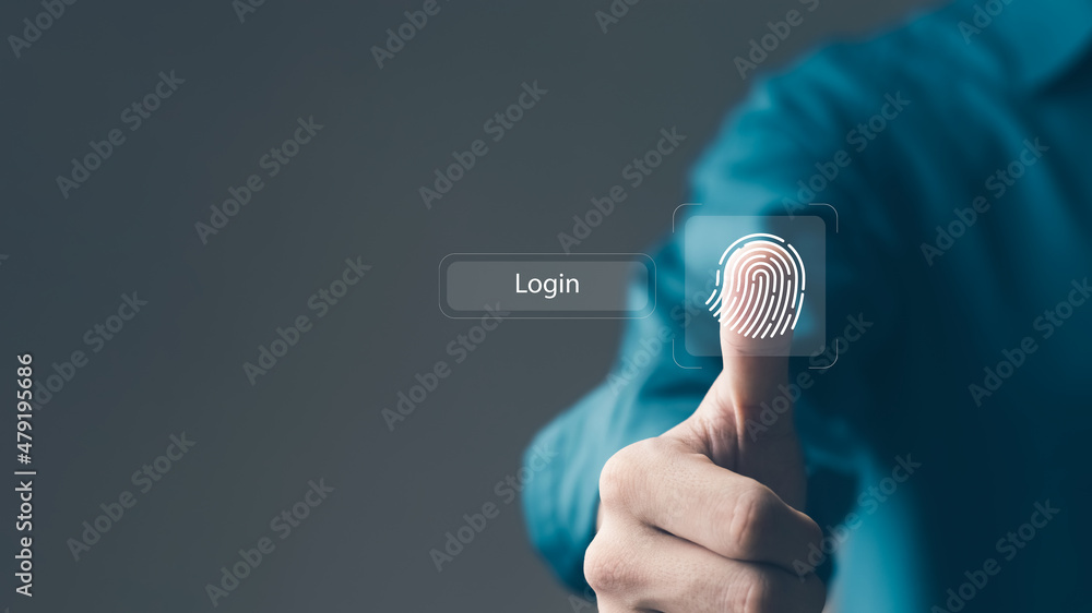 Poster business man fingerprint scanning and biometric authentication, cybersecurity and fingerprint passwo