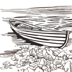 Wooden boat on the bank of the sketch river. View of the rocky shore with a boat