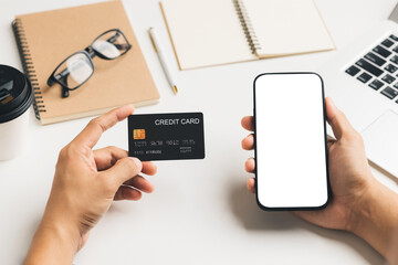 Businessman using smartphone paying and shopping with smartphone application, online payment,...