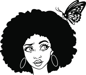 Silhouette of a beautiful curly afro girl with a butterfly in her hair svg cutting print file
