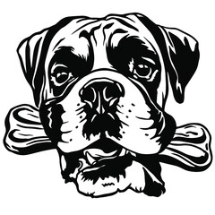 Boxer dogs. Boxer dog breed. black and white clipart dog head isolated on white background. Dog holding a bone in his teeth .Cut print svg. Cute dog