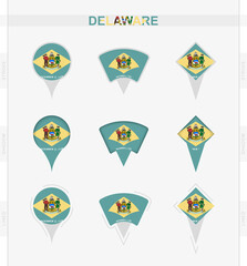 Delaware flag, set of location pin icons of Delaware flag.