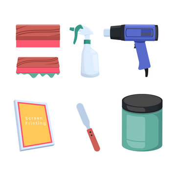 Screen printing equipment in a set, white background