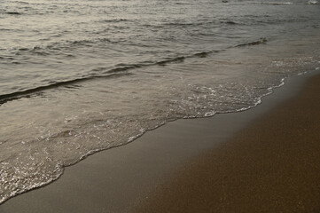 砂浜に打ち寄せる穏やかな波と白い泡