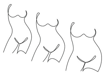 Collection. Silhouette of a figure of a beautiful woman in a modern one-line continuous line style. The girl is thin, slender, and the woman is fat. The lady is standing. Set of vector illustrations.
