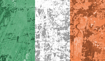 Ireland flag on old paint on wall. 3D image