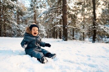 A little boy in the snow. Happy child walking through winter forest