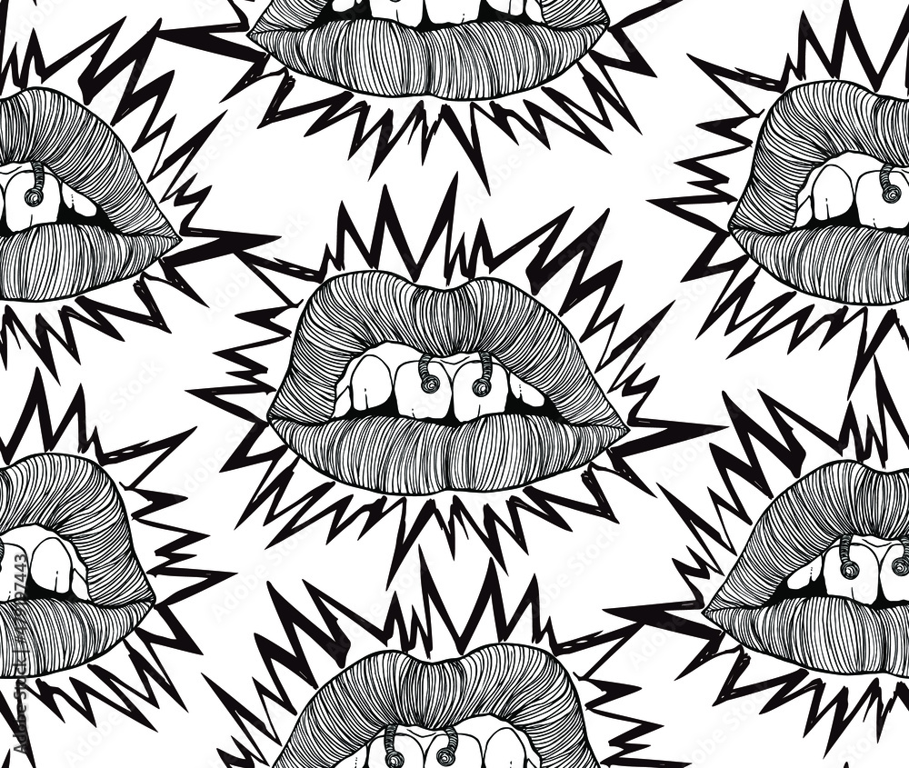 Poster vector black and white seamless pattern of hand drawn punk lips with piercing in the style of the of