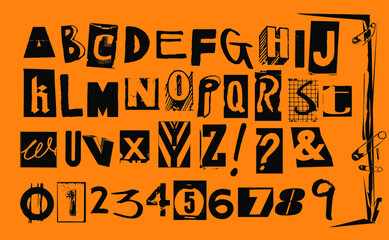 Punk typography vector alphabet and numbers. Type specimen set for grunge font flyers and posters or ransom note style designs.