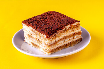 a square piece of tiramisu lies on a plate on a yellow background