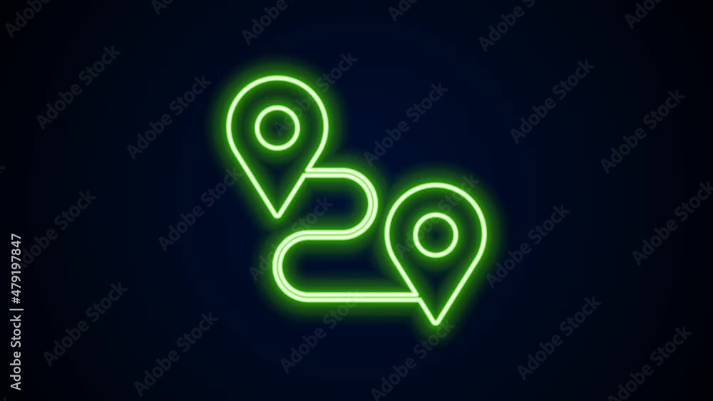 Poster glowing neon line route location icon isolated on black background. map pointer sign. concept of pat