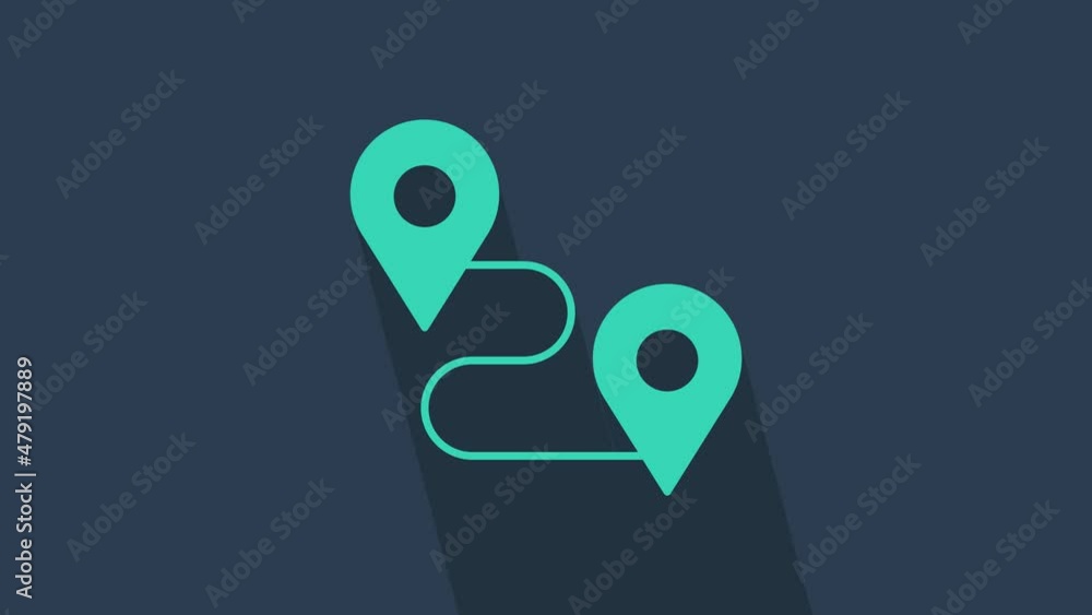 Poster turquoise route location icon isolated on blue background. map pointer sign. concept of path or road