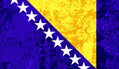 Bosnia and Herzegovina flag on old paint on wall. 3D image