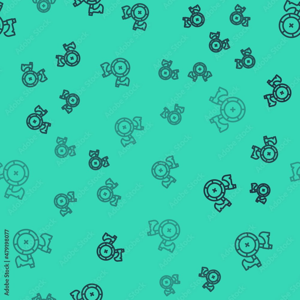 Poster black line medieval shield with crossed axes icon isolated seamless pattern on green background. bat
