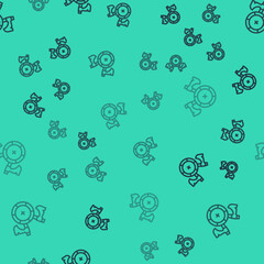 Black line Medieval shield with crossed axes icon isolated seamless pattern on green background. Battle axe, executioner axe. Vector