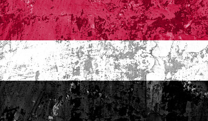Yemen flag on old paint on wall. 3D image