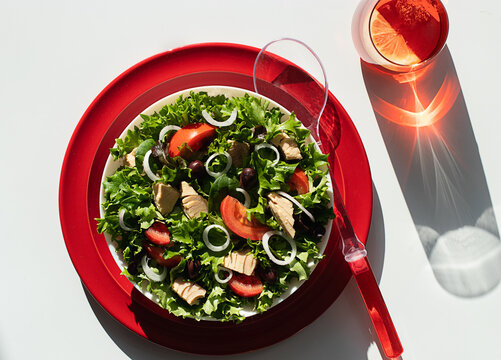 Tuna salad with onion and tomatoes served on red plates