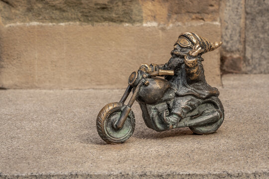 Biker dwarf (Wentyl Motocyklista) - since 2005 hundreds of wroclaw dwarf figurines appeared in the city - Wroclaw, Poland