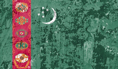 Turkmenistan flag on old paint on wall. 3D image