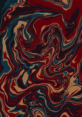 Fluid art texture. Abstract background with swirling paint effect. Liquid acrylic picture that flows and splashes. Mixed paints for interior poster. Red, blue and beige overflowing colors