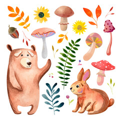 Watercolor autumn forest set with animals and plants. Cute kind bear, brown rabbit, mushrooms and leaves.