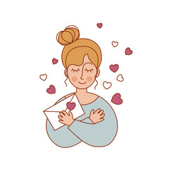 The girl received a letter. valentine's day. Vector on an isolated background. Cartoon illustration. The concept of a character in love. The drawing is suitable for postcards, stickers, web design.