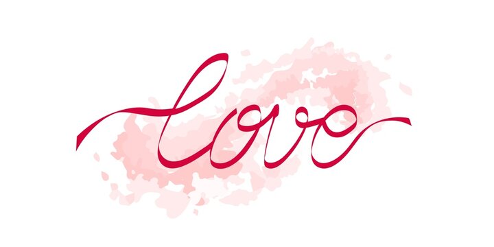 Word Love shaped by red ribbon or red thread, on splash background