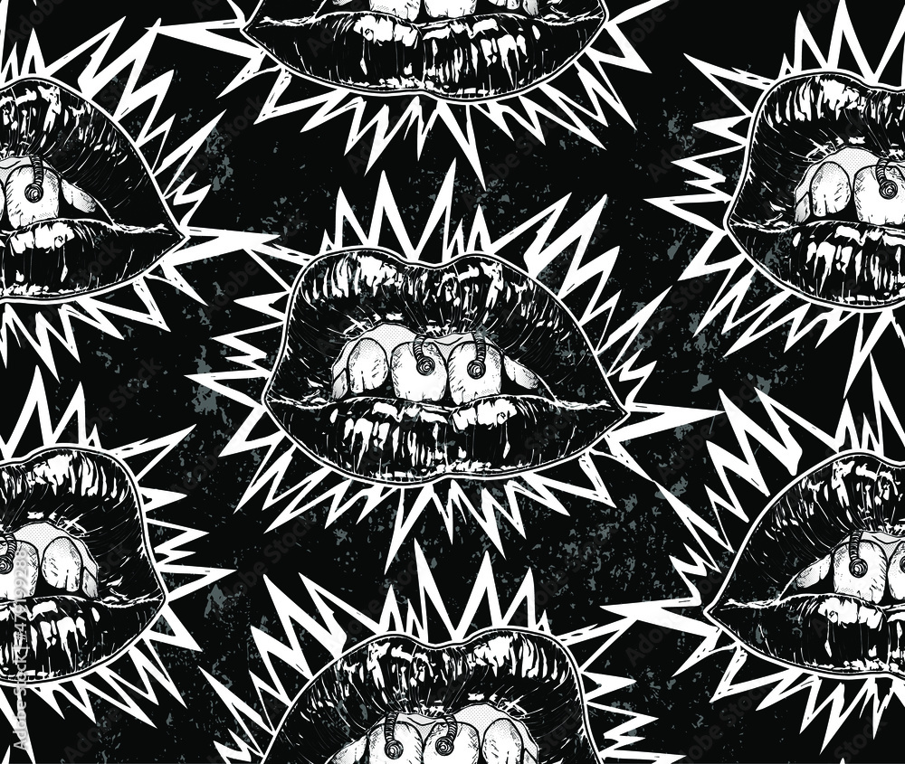 Poster vector black and white seamless pattern of hand drawn black lipstick lips with piercing in the style