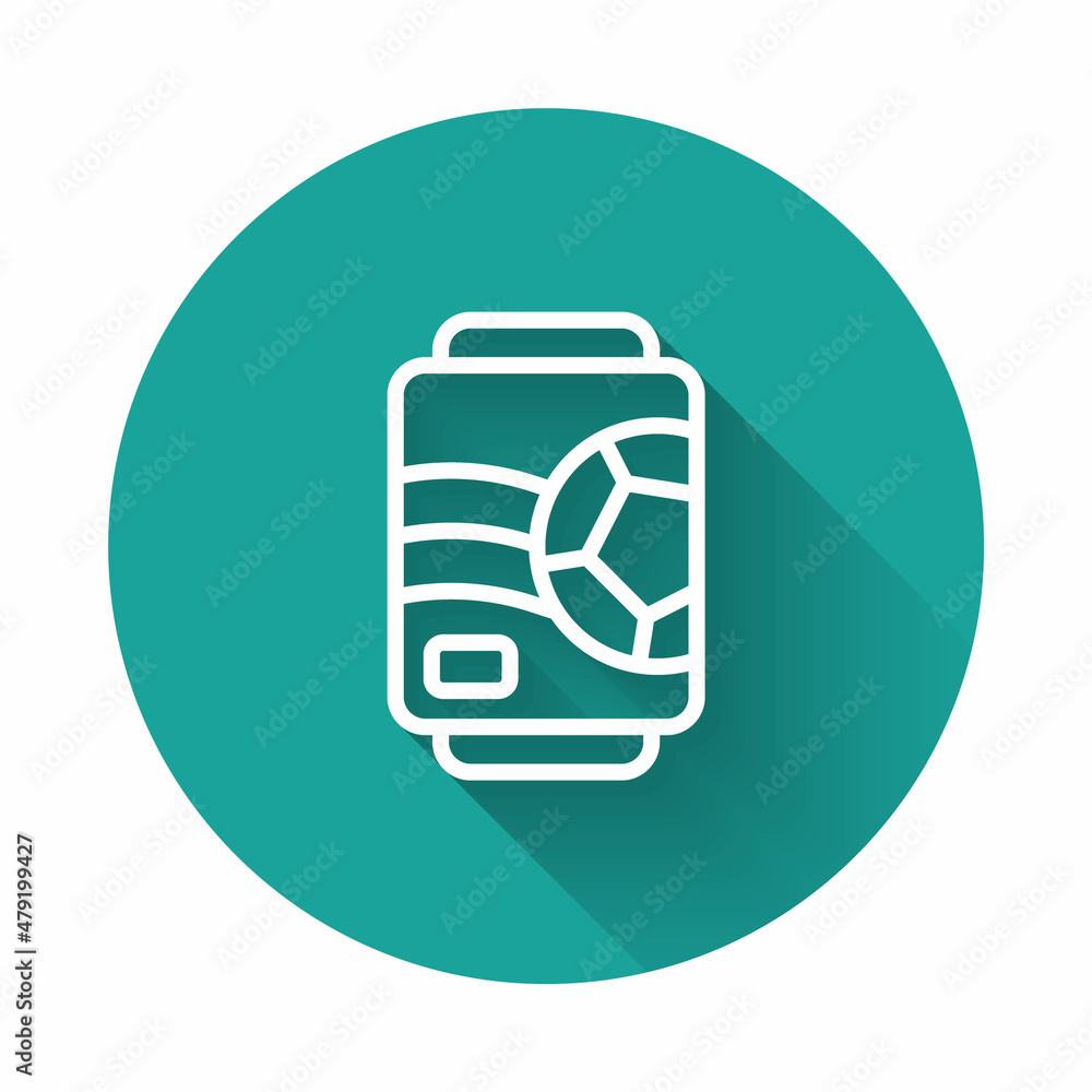 Poster white line beer can icon isolated with long shadow background. green circle button. vector