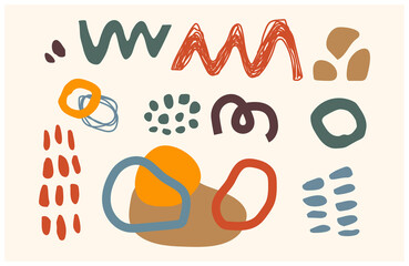 Abstract geometric pastel colorful shapes and hand drawn doodle objects. Trendy contemporary modern silhouettes. Isolated curves and blobs as design elements set for your work. Vector illustration