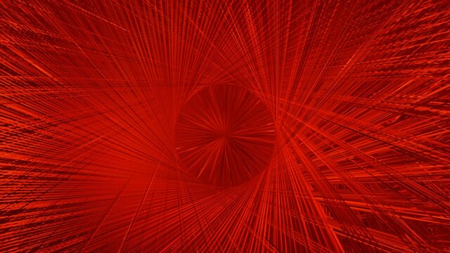 Composition of two abstract objects in red on a dark space background. A hexagonal lattice object surrounds a red object resembling a flower. Both objects approach and slowly rotate, then move away