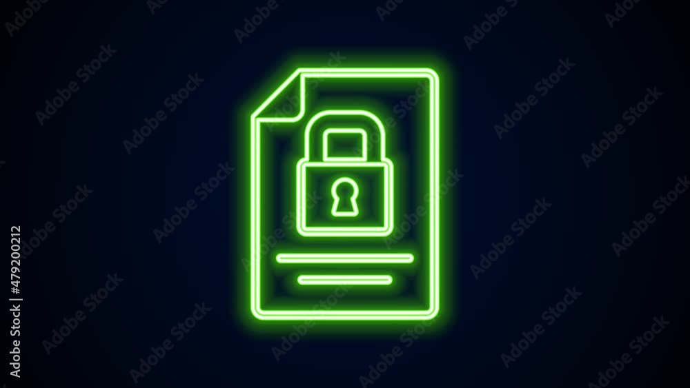 Poster glowing neon line document and lock icon isolated on black background. file format and padlock. secu