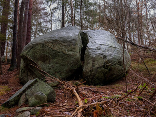 Large boulder split in half in the forest. Stone deposited in last ice age in Scandinavia