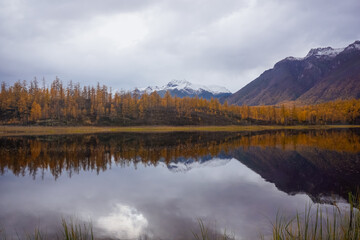 Mountain lake in the taiga and Kodar ridge