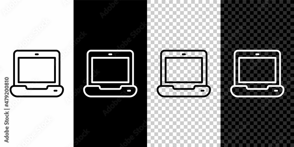 Poster set line laptop icon isolated on black and white, transparent background. computer notebook with emp