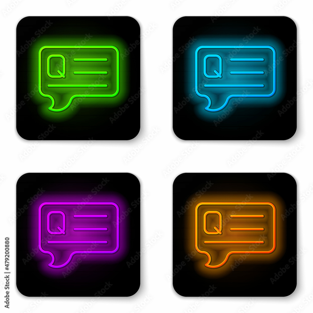 Poster glowing neon line speech bubbles with question icon isolated on white background. faq sign. chat spe