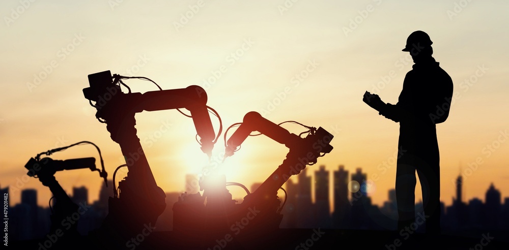 Poster mechanized industry of future factory double exposure image . concept of robotics technology for ind