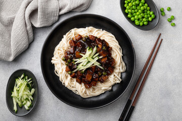 Jajangmyeon, Korean noodles in black bean sauce, view from above