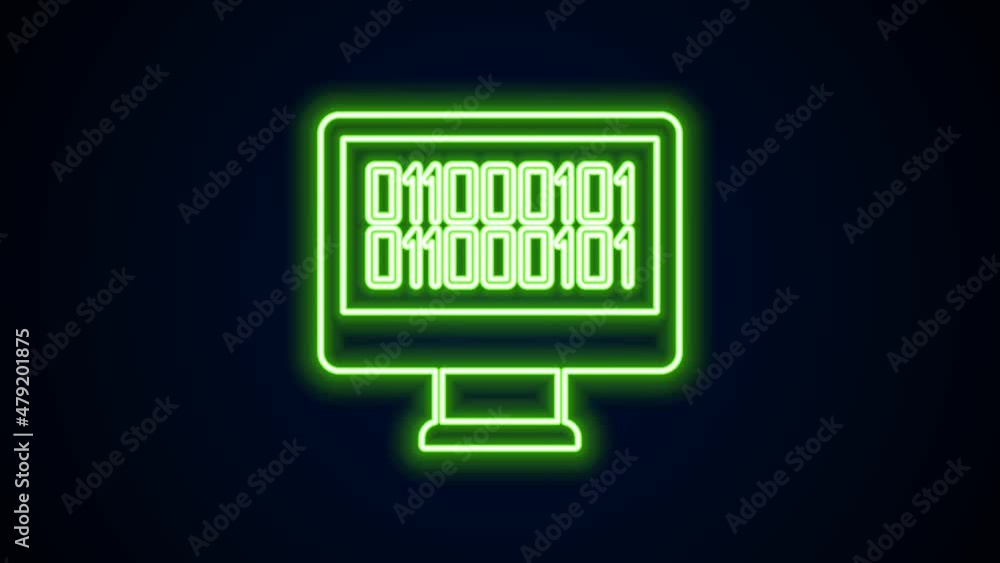 Poster glowing neon line binary code icon isolated on black background. 4k video motion graphic animation