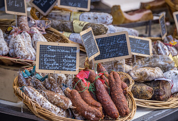 French sausages on market stall