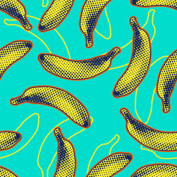Seamless vector pop art pattern of yellow and black dot halftone bananas and color line banana silhouettes randomly scattered on green background.