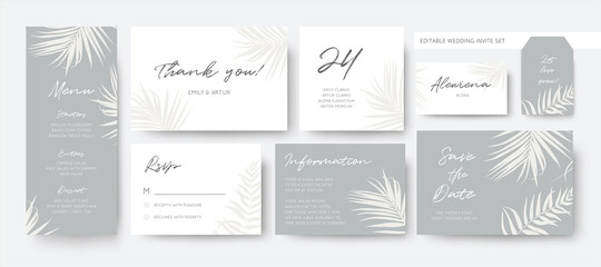 Vector, classy wedding stationery, business card template set. Editable menu, rsvp, thank you, details, label, save the date, place card set. Editable gray and white palm leaves, foliage border, frame - obrazy, fototapety, plakaty