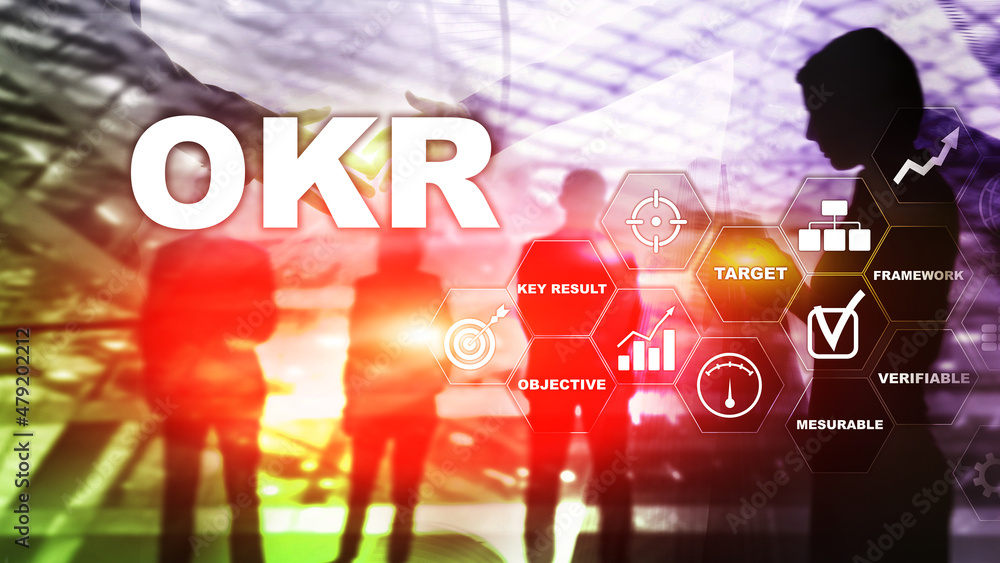 Poster okr - objective key result concept. mixed media on a virtual structured screen. project management