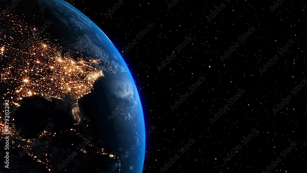 Poster planet earth with realistic geography surface and orbital 3d cloud atmosphere . outer space view of 