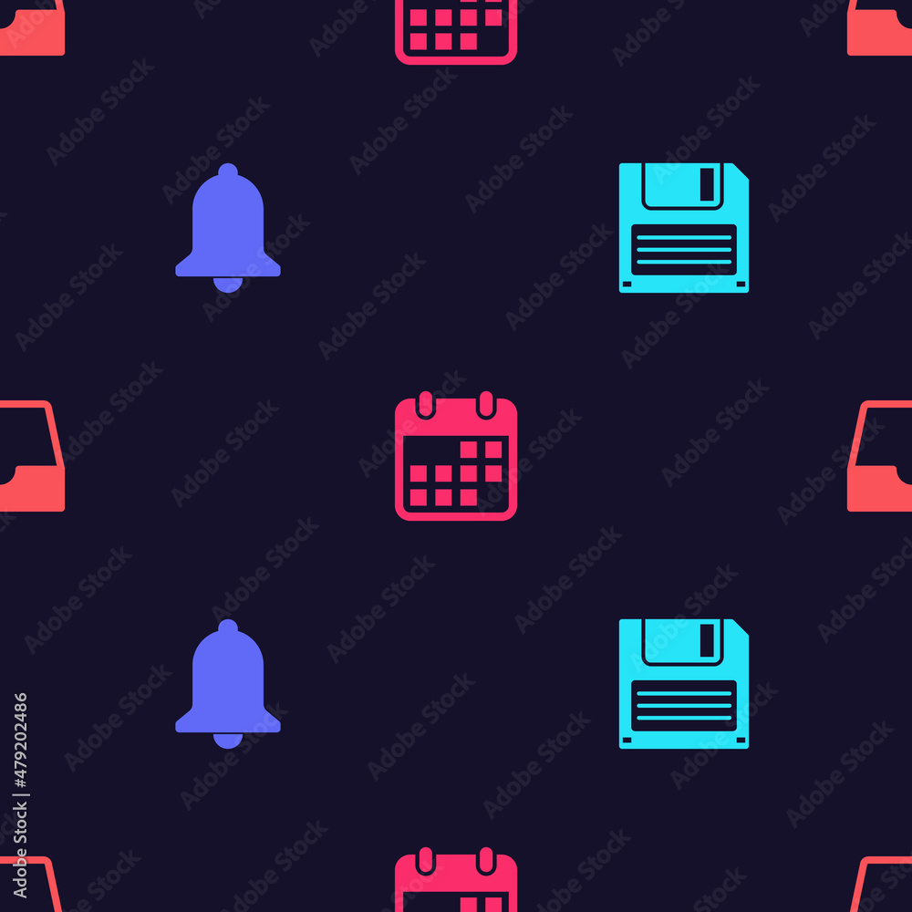 Poster set floppy disk, ringing bell, calendar and social media inbox on seamless pattern. vector